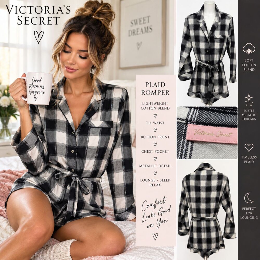 Victoria’s Secret Cotton Blend Plaid Romper M Black White Metallic Pajama